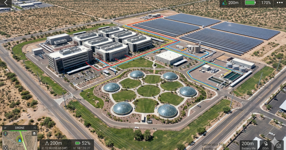 Artist's impression of a net-positive data center with integrated water and energy systems